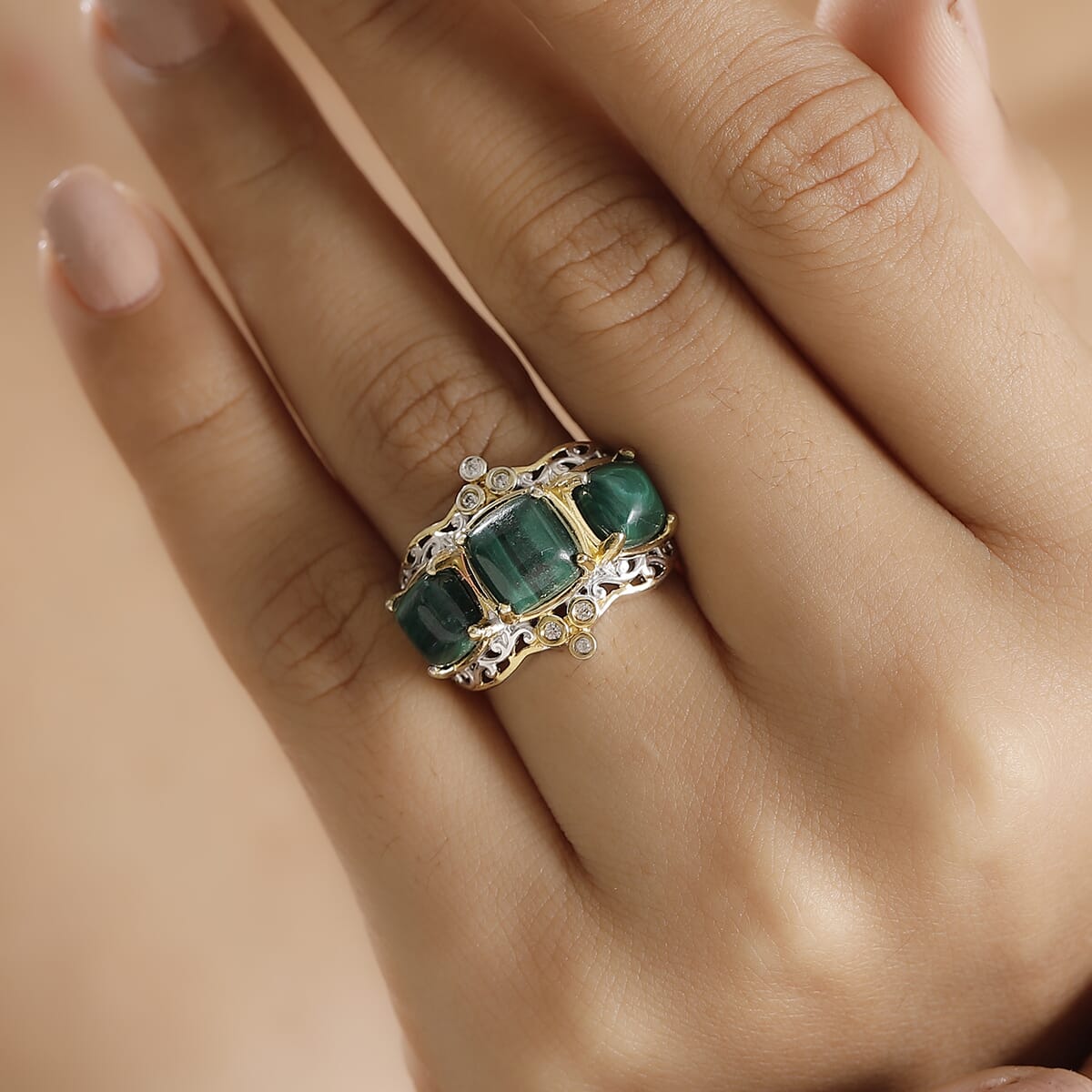 African Malachite and White Zircon 7.10 ctw Verdant Crown Ring in 18K Vermeil YG and Rhodium Over Sterling Silver (Size 9.0) image number 2