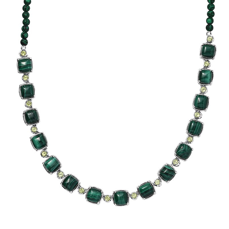 Karis African Malachite and Peridot 71.85 ctw Link Necklace in Platinum Bond 18 Inches
