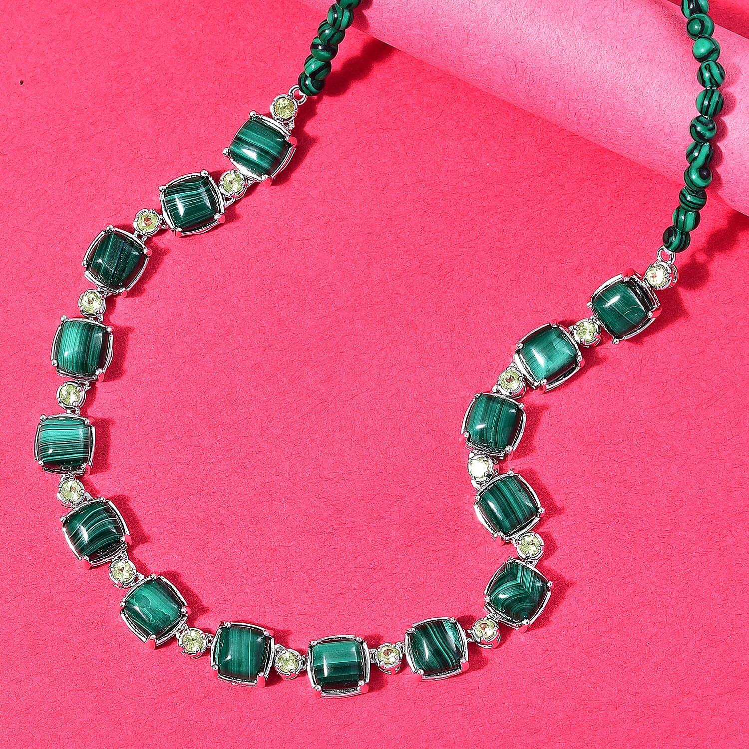 Karis African Malachite and Peridot 71.85 ctw Link Necklace in Platinum Bond 18 Inches