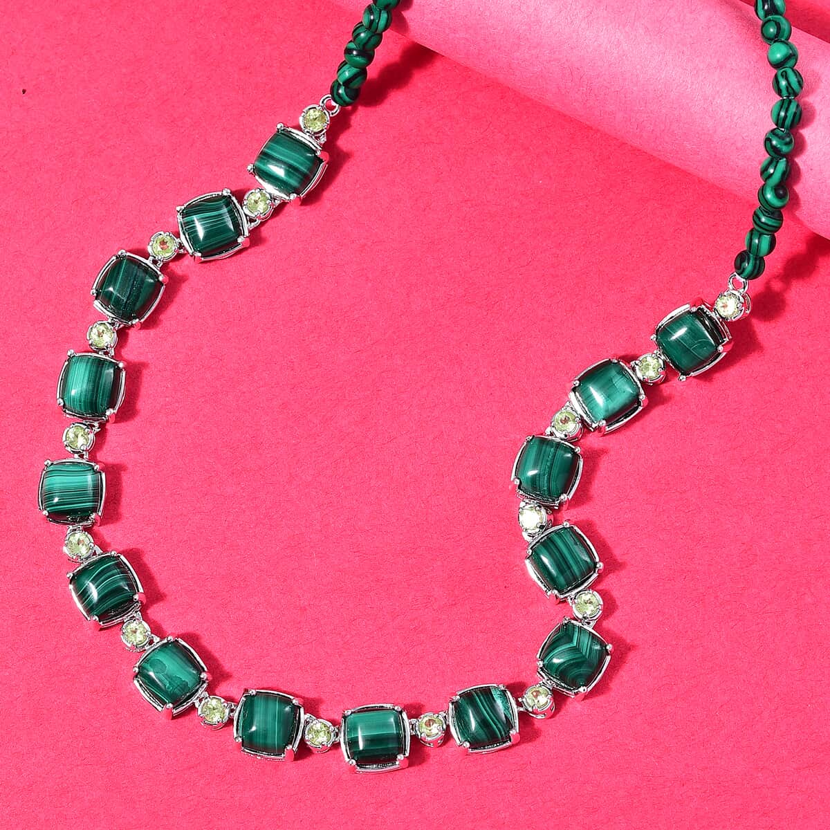 Karis African Malachite and Peridot 50.80 ctw Link Necklace in Platinum Bond 18 Inches image number 1