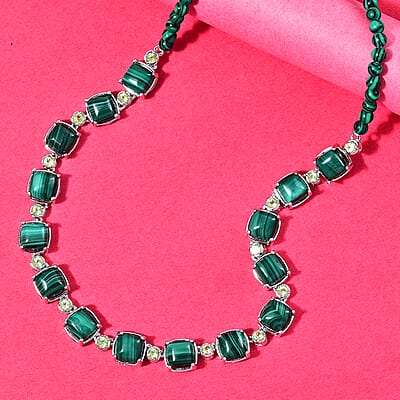 Karis African Malachite and Peridot 71.85 ctw Link Necklace in Platinum Bond 18 Inches
