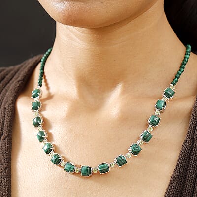 Karis African Malachite and Peridot 71.85 ctw Link Necklace in Platinum Bond 18 Inches