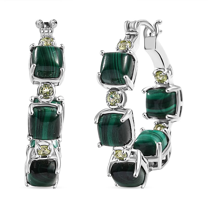 Karis African Malachite and Peridot 19.60 ctw Hoop Earrings in Platinum Bond