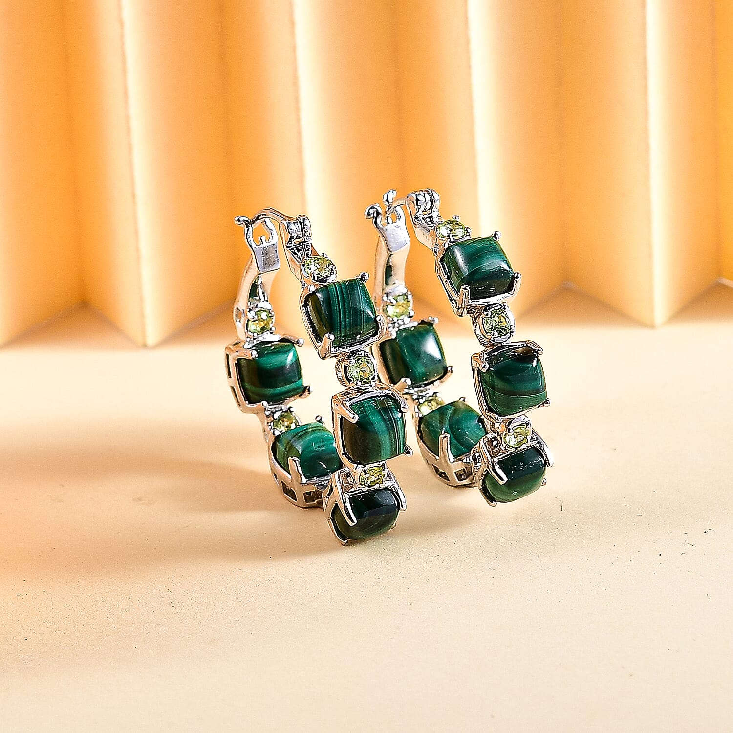 Karis African Malachite and Peridot 19.60 ctw Hoop Earrings in Platinum Bond