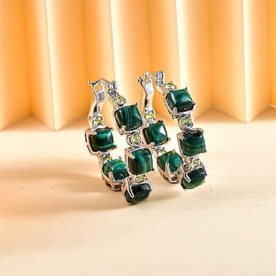 Karis African Malachite and Peridot 19.60 ctw Hoop Earrings in Platinum Bond