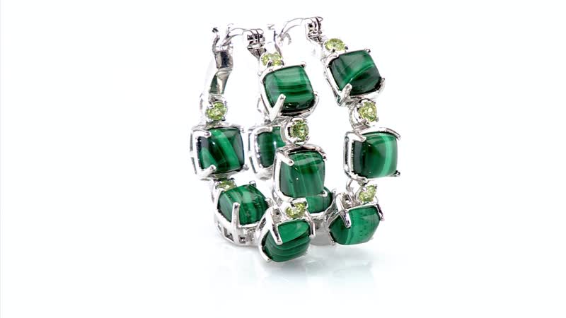 Karis African Malachite and Peridot 19.60 ctw Hoop Earrings in Platinum Bond