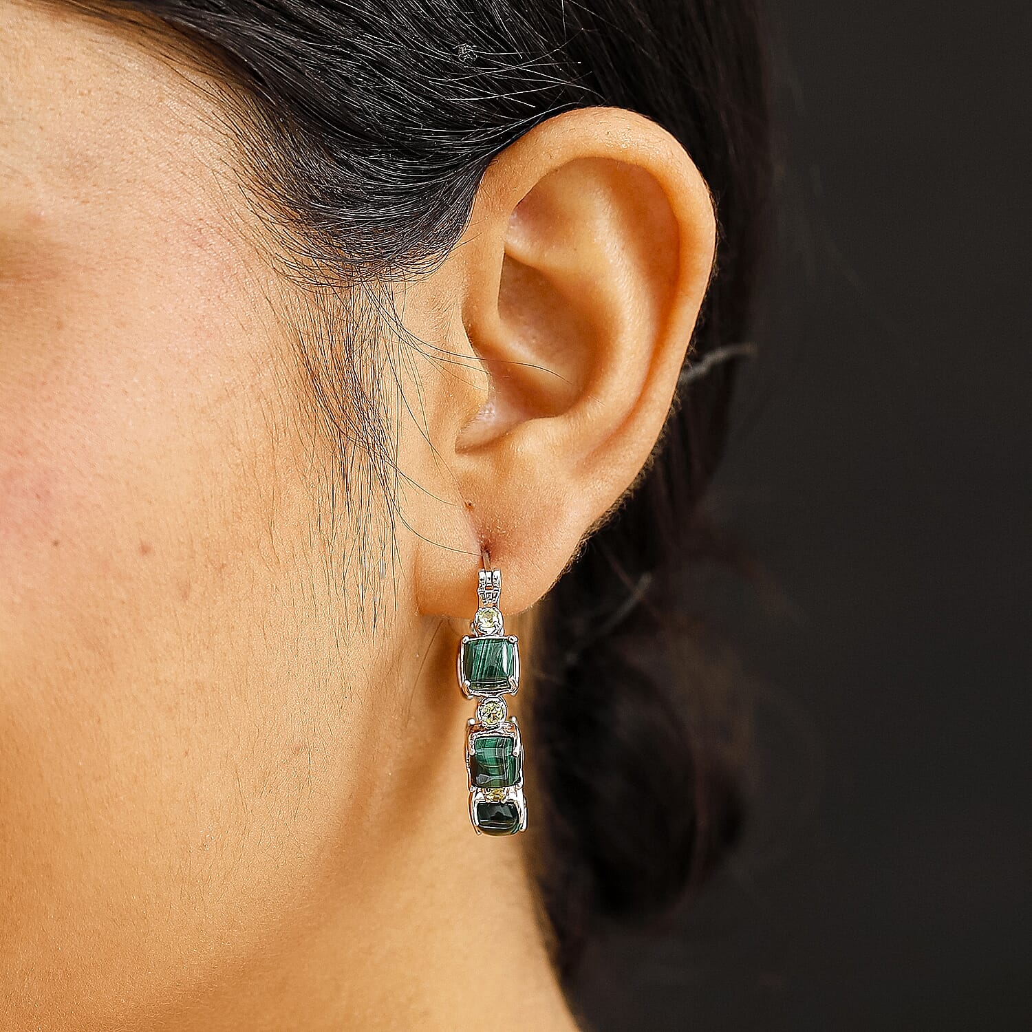 Karis African Malachite and Peridot 19.60 ctw Hoop Earrings in Platinum Bond