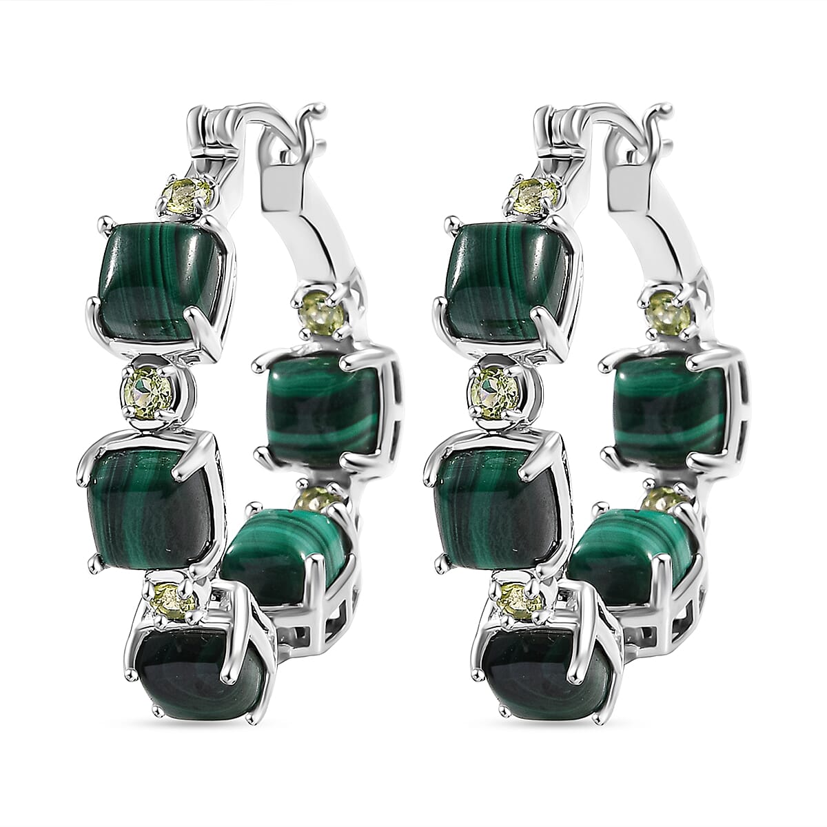 Karis African Malachite and Peridot 19.60 ctw Hoop Earrings in Platinum Bond