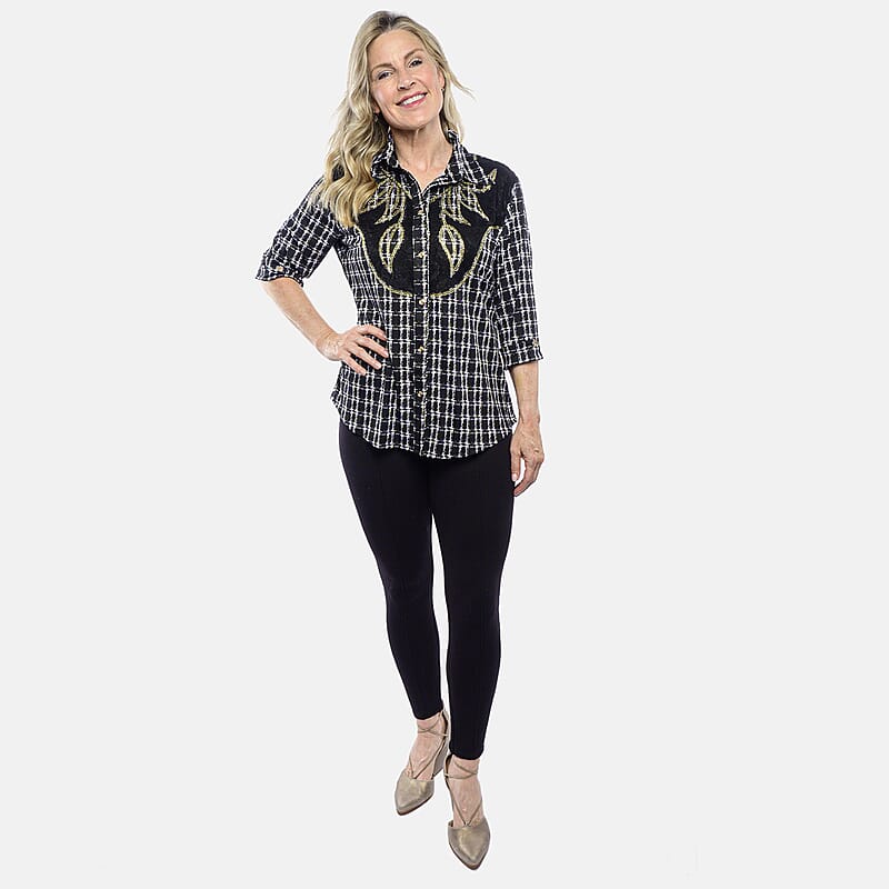 Tamsy Black Plaid Crystal Leaf Button-Up Collared Blouse – S/M