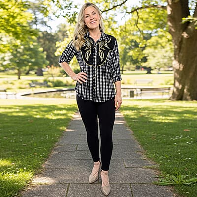 Tamsy Black Plaid Crystal Leaf Button-Up Collared Blouse – S/M