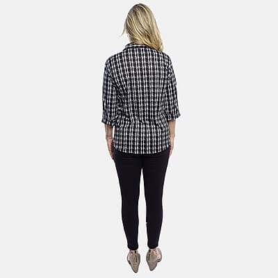 Tamsy Black Plaid Crystal Leaf Button-Up Collared Blouse – S/M