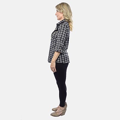 Tamsy Black Plaid Crystal Leaf Button-Up Collared Blouse – S/M