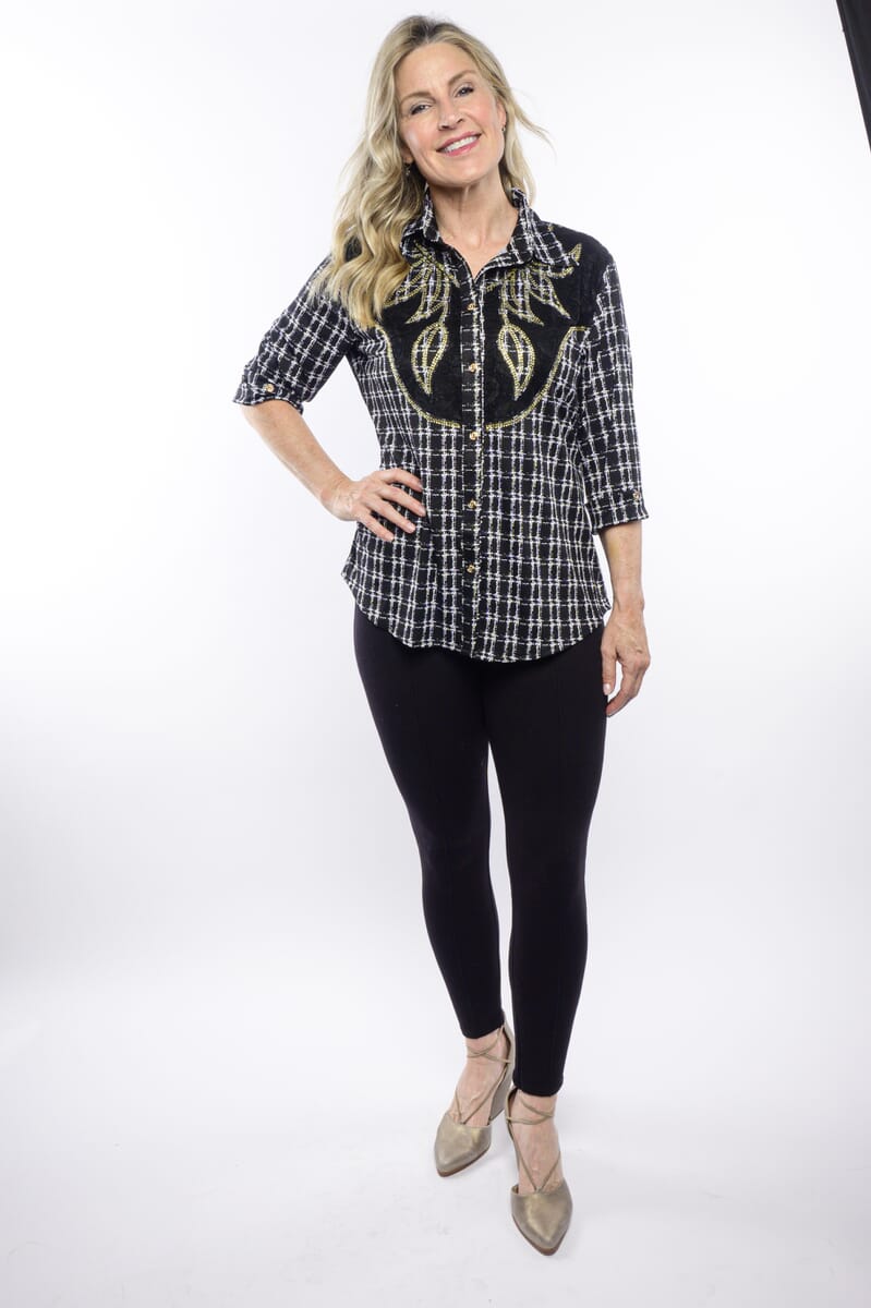 Tamsy Black Plaid Crystal Leaf Button-Up Collared Blouse – M/L image number 0