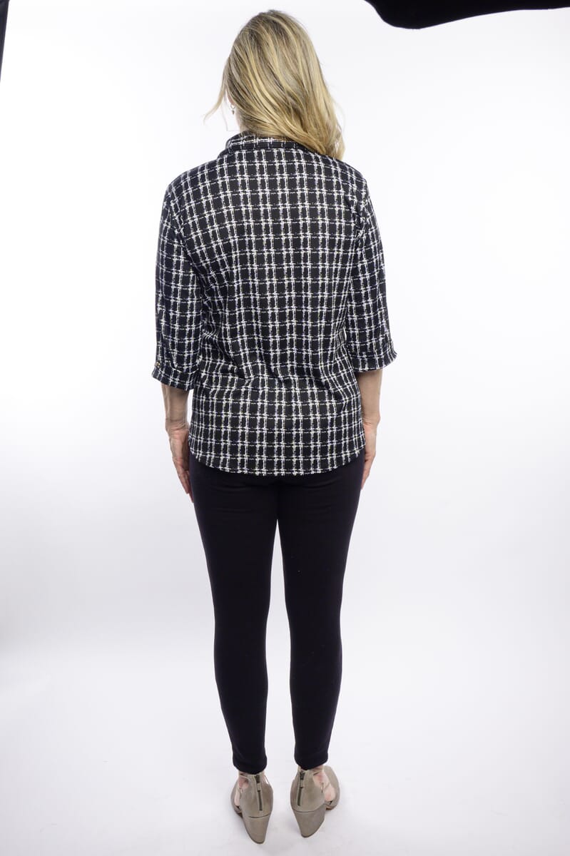 Tamsy Black Plaid Crystal Leaf Button-Up Collared Blouse – M/L image number 2