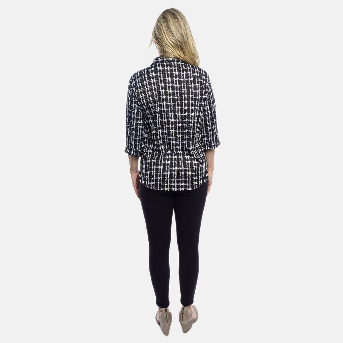 Tamsy Black Plaid Crystal Leaf Button-Up Collared Blouse – M/L image number 4