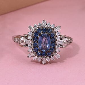 Ceylon Blue Sapphire and Moissanite 1.40 ctw Firecracker Ring in Rhodium Over Sterling Silver (Size 10.0)