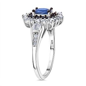Ceylon Blue Sapphire and Moissanite 1.40 ctw Firecracker Ring in Rhodium Over Sterling Silver (Size 10.0)