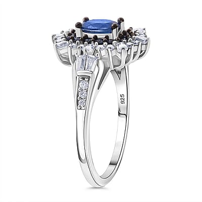 Ceylon Blue Sapphire and Moissanite 1.40 ctw Firecracker Ring in Rhodium Over Sterling Silver (Size 10.0)