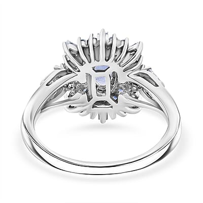 Ceylon Blue Sapphire and Moissanite 1.40 ctw Firecracker Ring in Rhodium Over Sterling Silver (Size 10.0)