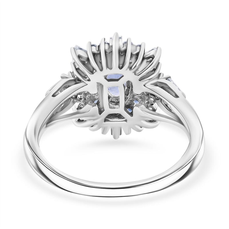Ceylon Blue Sapphire and Moissanite 1.40 ctw Firecracker Ring in Rhodium Over Sterling Silver (Size 10.0)