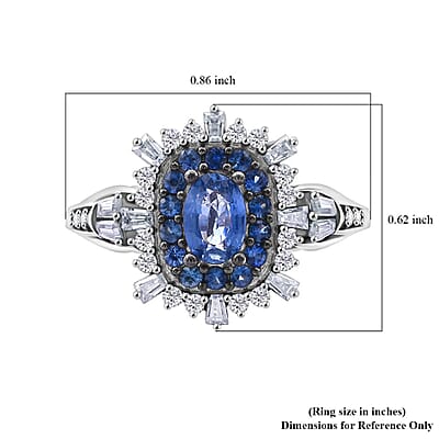 Ceylon Blue Sapphire and Moissanite 1.40 ctw Firecracker Ring in Rhodium Over Sterling Silver (Size 10.0)