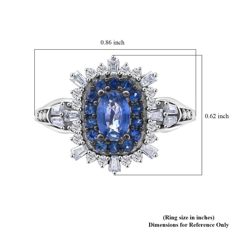 Ceylon Blue Sapphire and Moissanite 1.40 ctw Firecracker Ring in Rhodium Over Sterling Silver (Size 10.0)