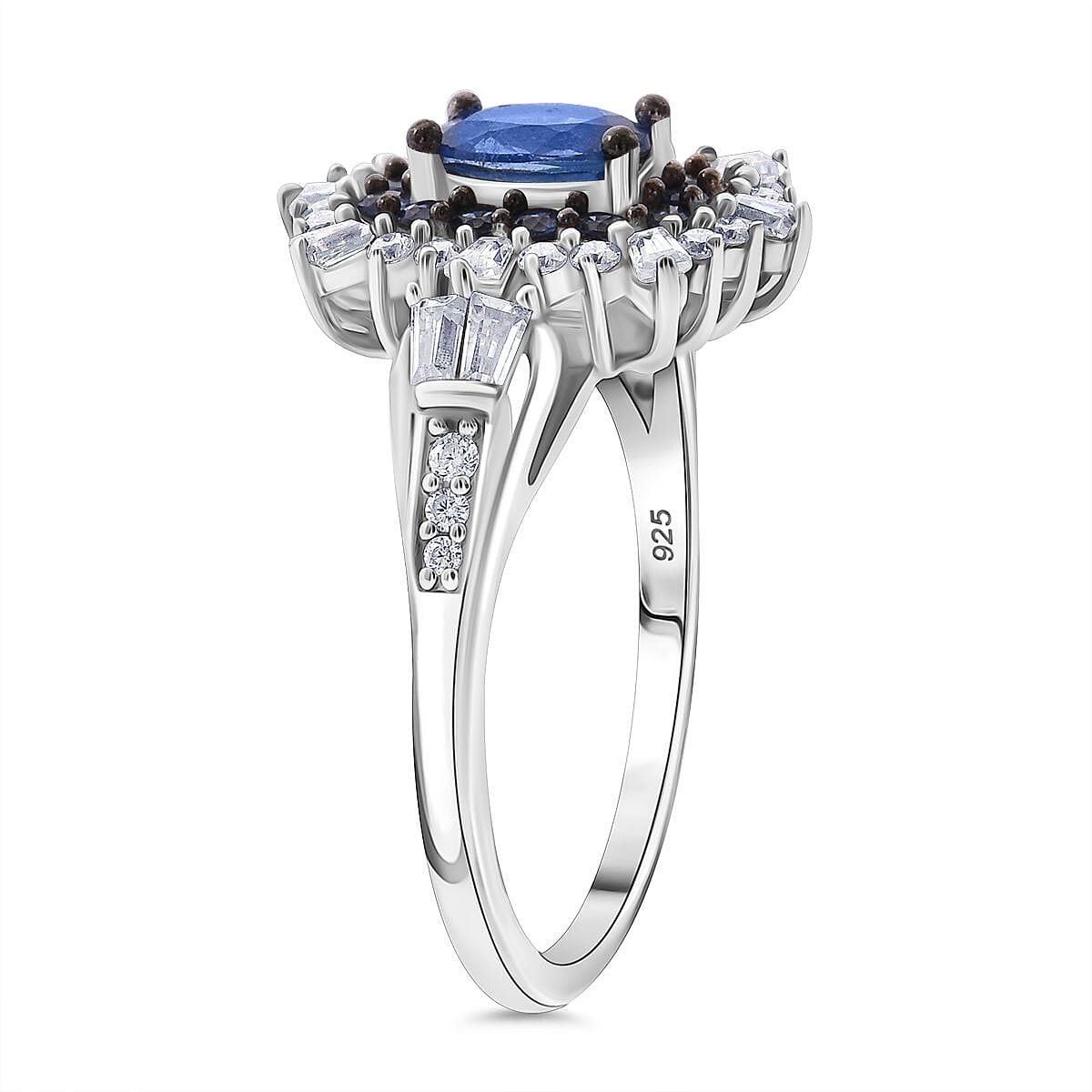 Ceylon Blue Sapphire and Moissanite 1.40 ctw Firecracker Ring in Rhodium Over Sterling Silver (Size 6.0) image number 3