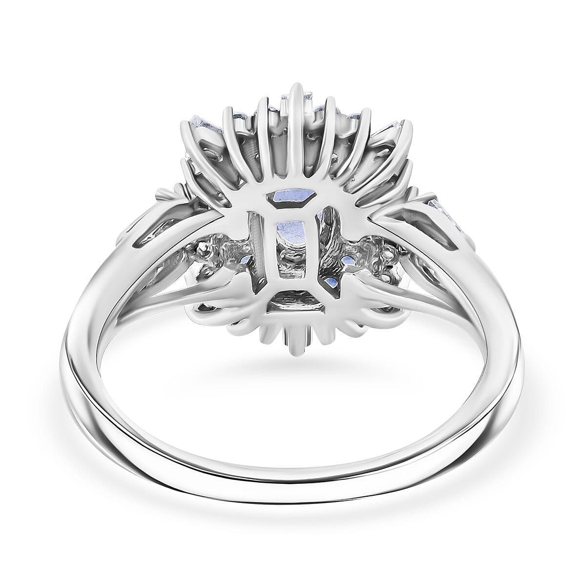 Ceylon Blue Sapphire and Moissanite 1.40 ctw Firecracker Ring in Rhodium Over Sterling Silver (Size 6.0) image number 4