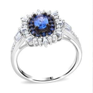 Ceylon Blue Sapphire and Moissanite 1.40 ctw Firecracker Ring in Rhodium Over Sterling Silver (Size 9.0)