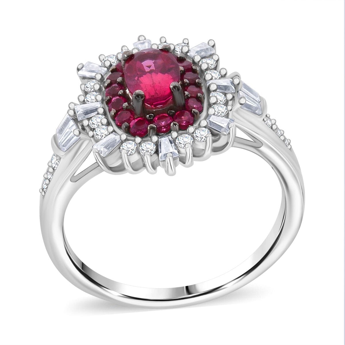 Ouro Fino Rubellite and Moissanite 1.30 ctw Firecracker Ring in Rhodium Over Sterling Silver (Size 5.0) image number 0
