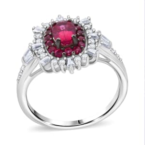 Ouro Fino Rubellite and Moissanite 1.30 ctw Firecracker Ring in Rhodium Over Sterling Silver (Size 5.0)
