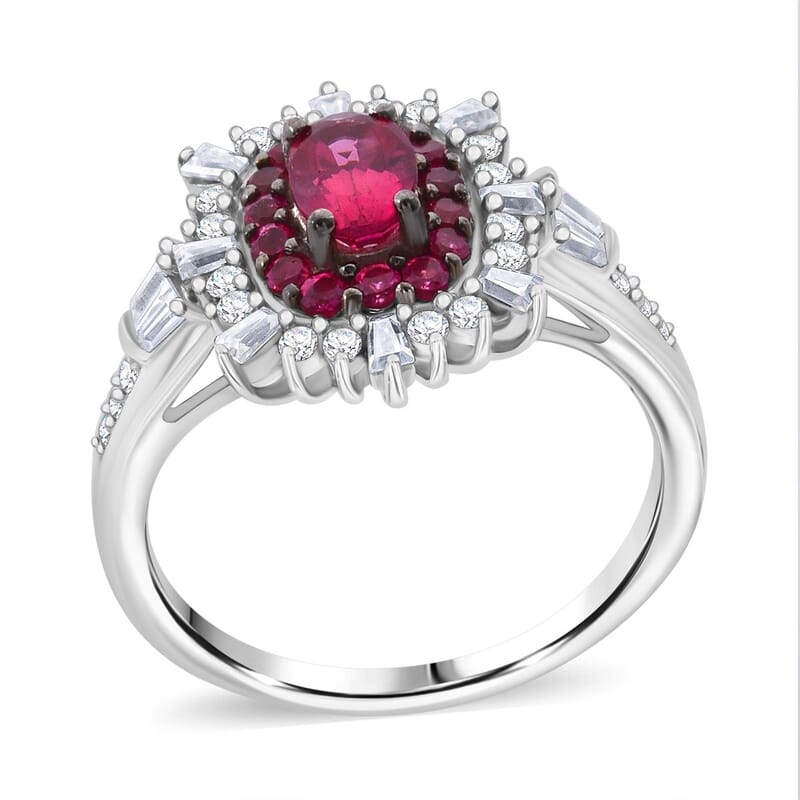 Ouro Fino Rubellite and Moissanite 1.30 ctw Firecracker Ring in Rhodium Over Sterling Silver (Size 5.0)