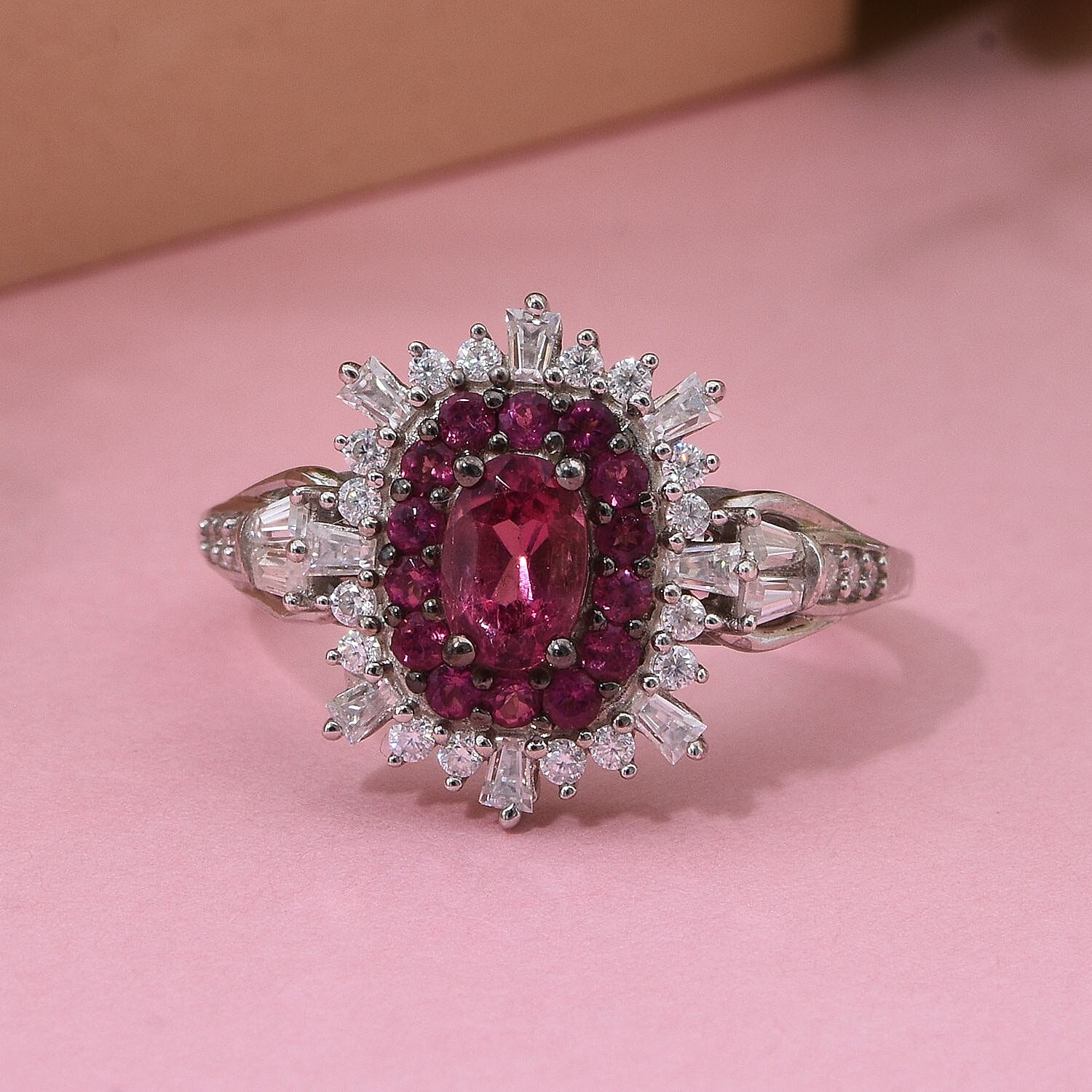 Ouro Fino Rubellite and Moissanite 1.30 ctw Firecracker Ring in Rhodium Over Sterling Silver (Size 5.0)