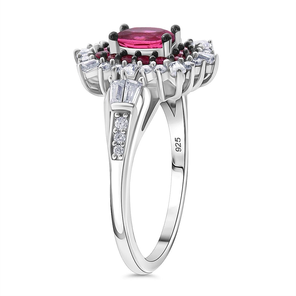 Ouro Fino Rubellite and Moissanite 1.30 ctw Firecracker Ring in Rhodium Over Sterling Silver (Size 5.0)
