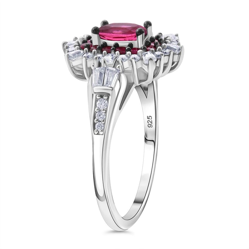 Ouro Fino Rubellite and Moissanite 1.30 ctw Firecracker Ring in Rhodium Over Sterling Silver (Size 5.0)