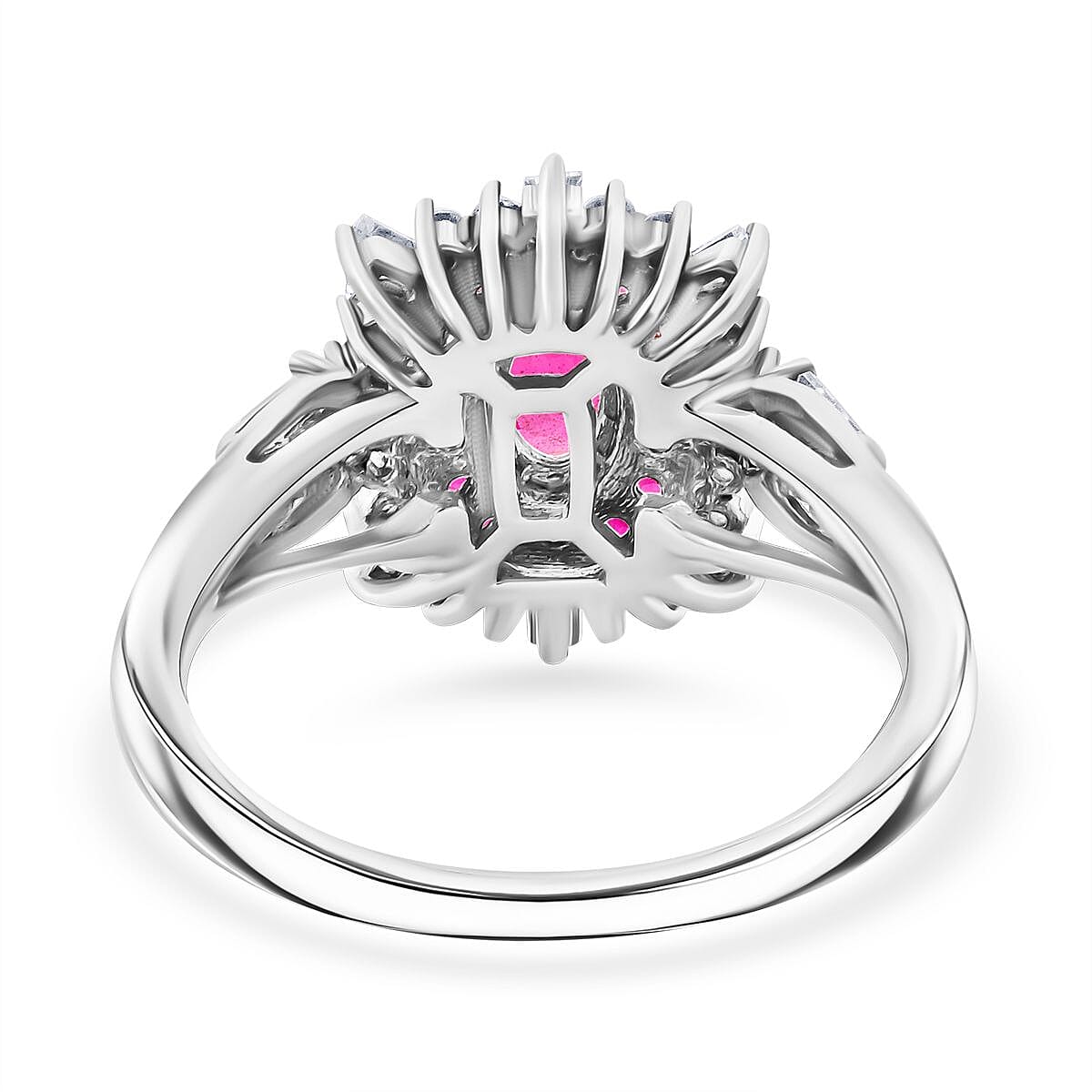 Ouro Fino Rubellite and Moissanite 1.30 ctw Firecracker Ring in Rhodium Over Sterling Silver (Size 5.0)