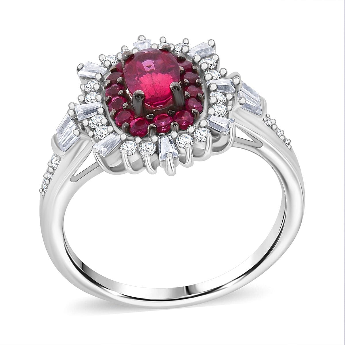 Ouro Fino Rubellite and Moissanite 1.30 ctw Firecracker Ring in Rhodium Over Sterling Silver (Size 7.0) image number 0
