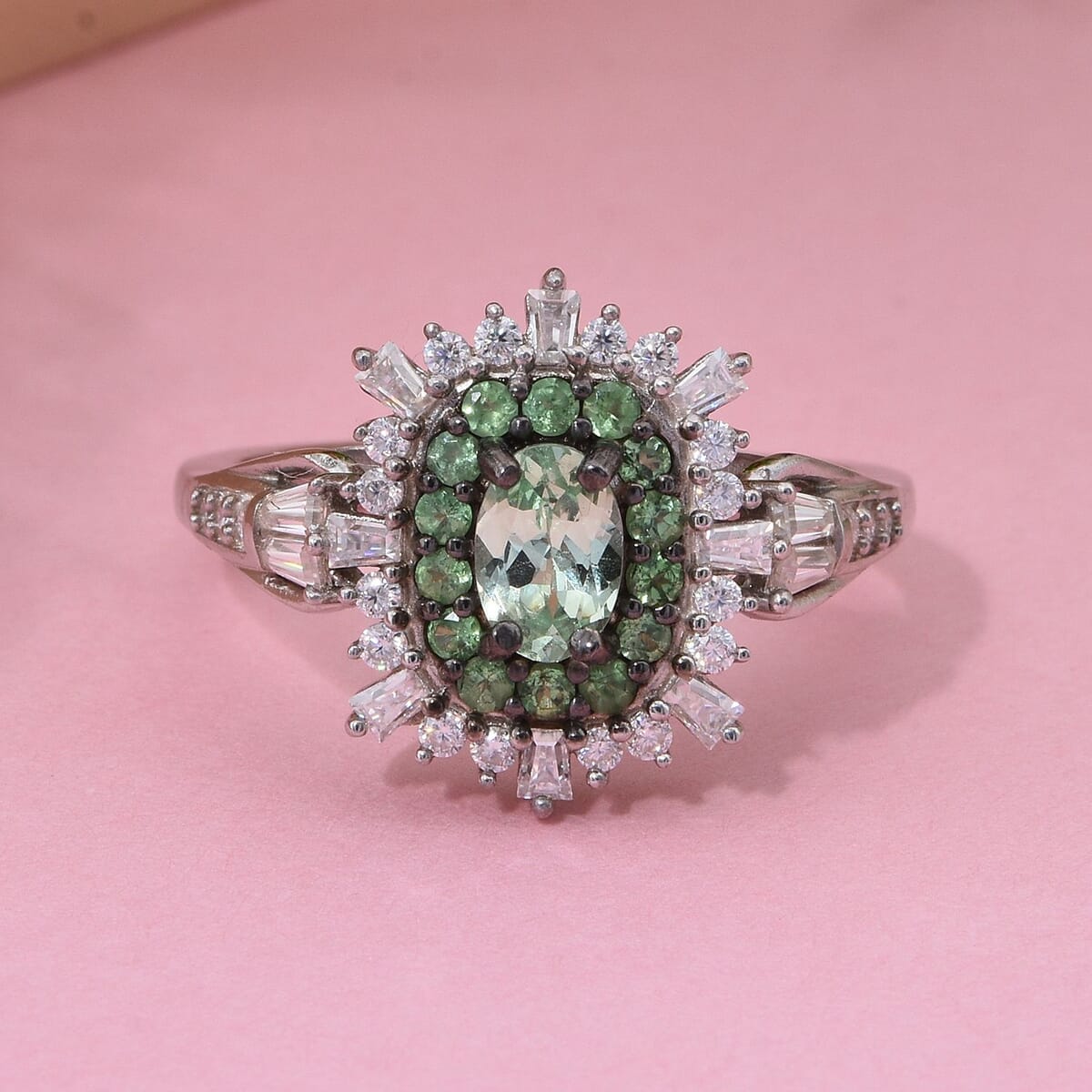 Tsavorite Garnet and Moissanite 1.30 ctw Ring in Rhodium Over Sterling Silver (Size 7.0) image number 1