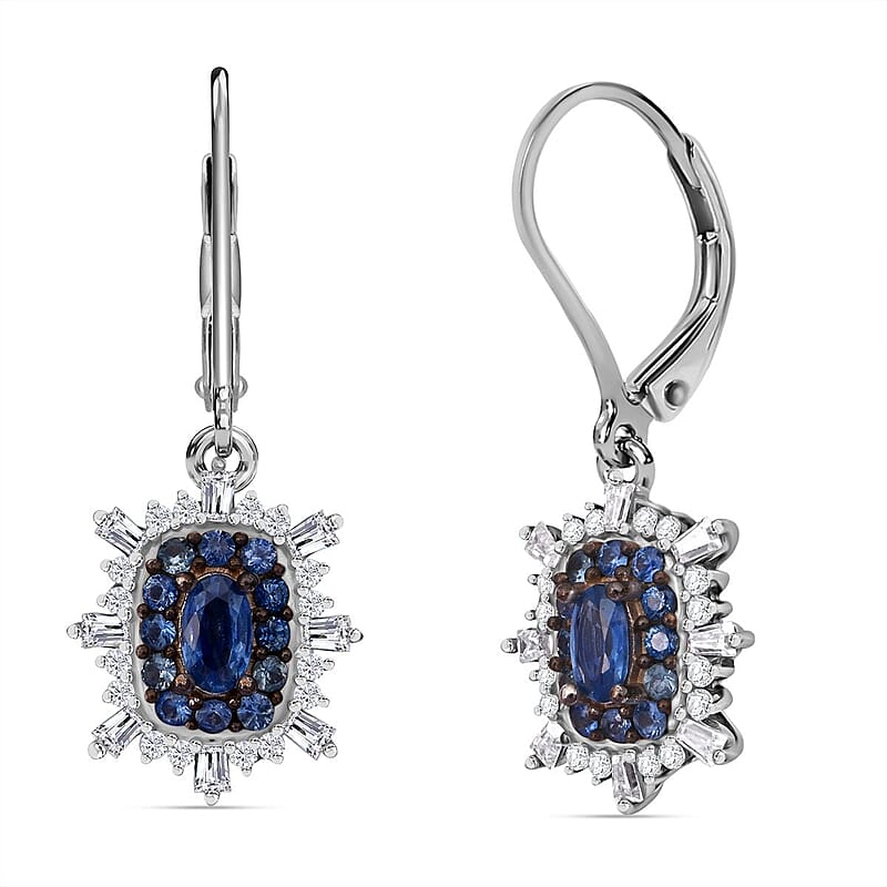 Ceylon Blue Sapphire and Moissanite 1.75 ctw Firecracker Earrings in Rhodium Over Sterling Silver
