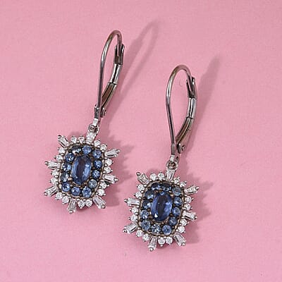 Ceylon Blue Sapphire and Moissanite 1.75 ctw Firecracker Earrings in Rhodium Over Sterling Silver