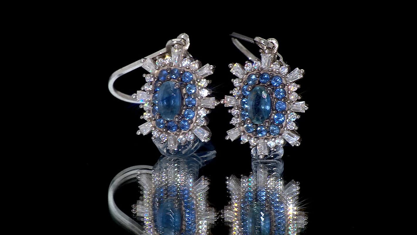 Blue Ceylon Sapphire, Moissanite Earrings in Rhodium Over Sterling Silver 2.10 ctw