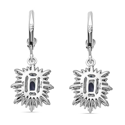 Ceylon Blue Sapphire and Moissanite 1.75 ctw Firecracker Earrings in Rhodium Over Sterling Silver