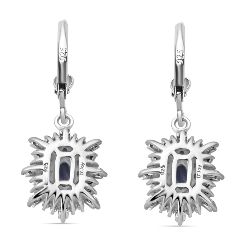 Ceylon Blue Sapphire and Moissanite 1.75 ctw Firecracker Earrings in Rhodium Over Sterling Silver