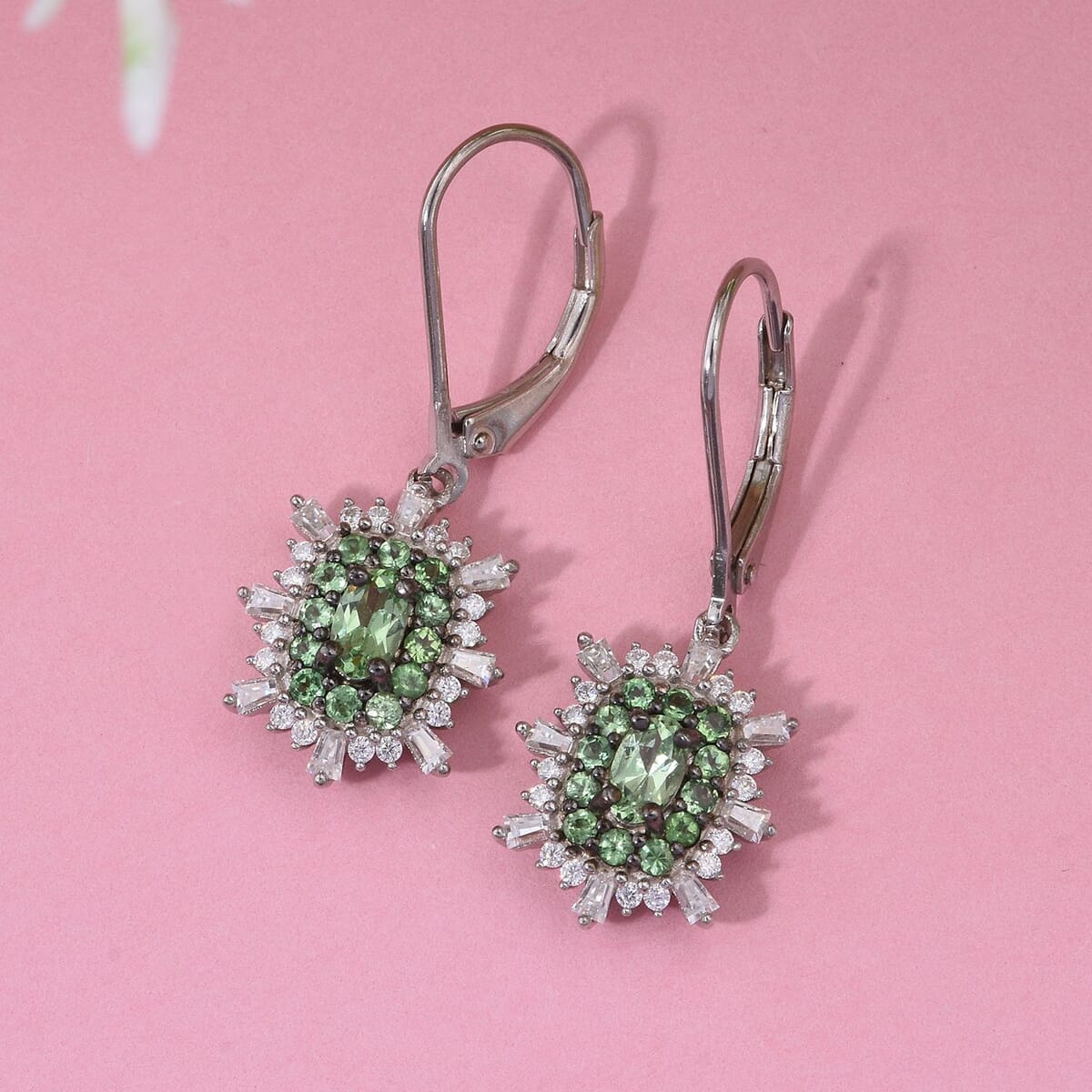Tsavorite Garnet and Moissanite 1.60 ctw Firecracker Earrings in Rhodium Over Sterling Silver image number 1