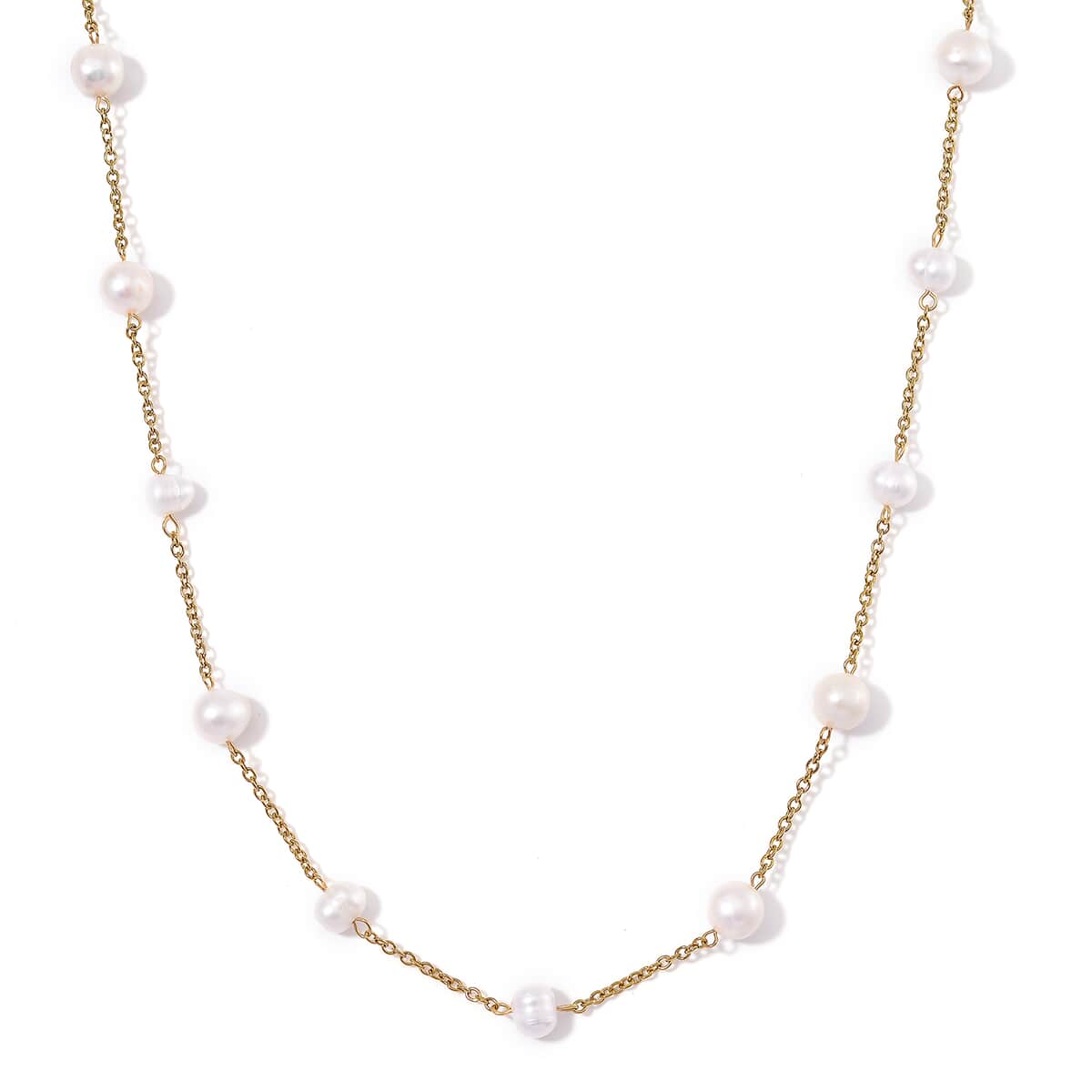 Freshwater White Pearl Station Necklace 36 Inches in ION Plated YG Stainless Steel image number 0