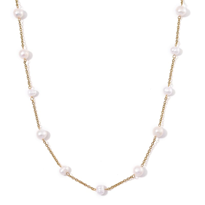 Freshwater White Pearl Station Necklace 36 Inches in ION Plated YG Stainless Steel