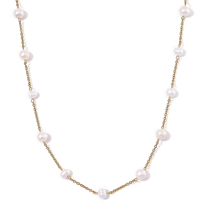 Freshwater White Pearl Station Necklace 36 Inches in ION Plated YG Stainless Steel