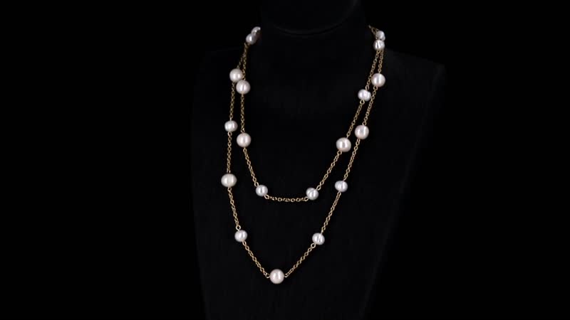 Freshwater White Pearl Station Necklace (36 Inches) in ION Plated YG Stainless Steel