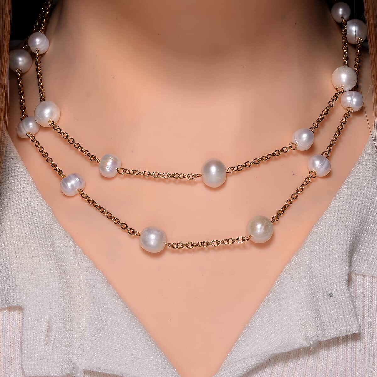 Freshwater White Pearl Station Necklace 36 Inches in ION Plated YG Stainless Steel image number 1