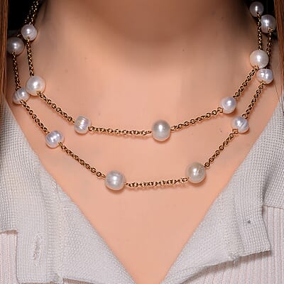 Freshwater White Pearl Station Necklace 36 Inches in ION Plated YG Stainless Steel